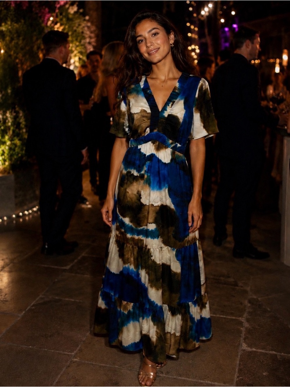 DKNY Exploded Ink Swirl Blue V-Neck Maxi Dress